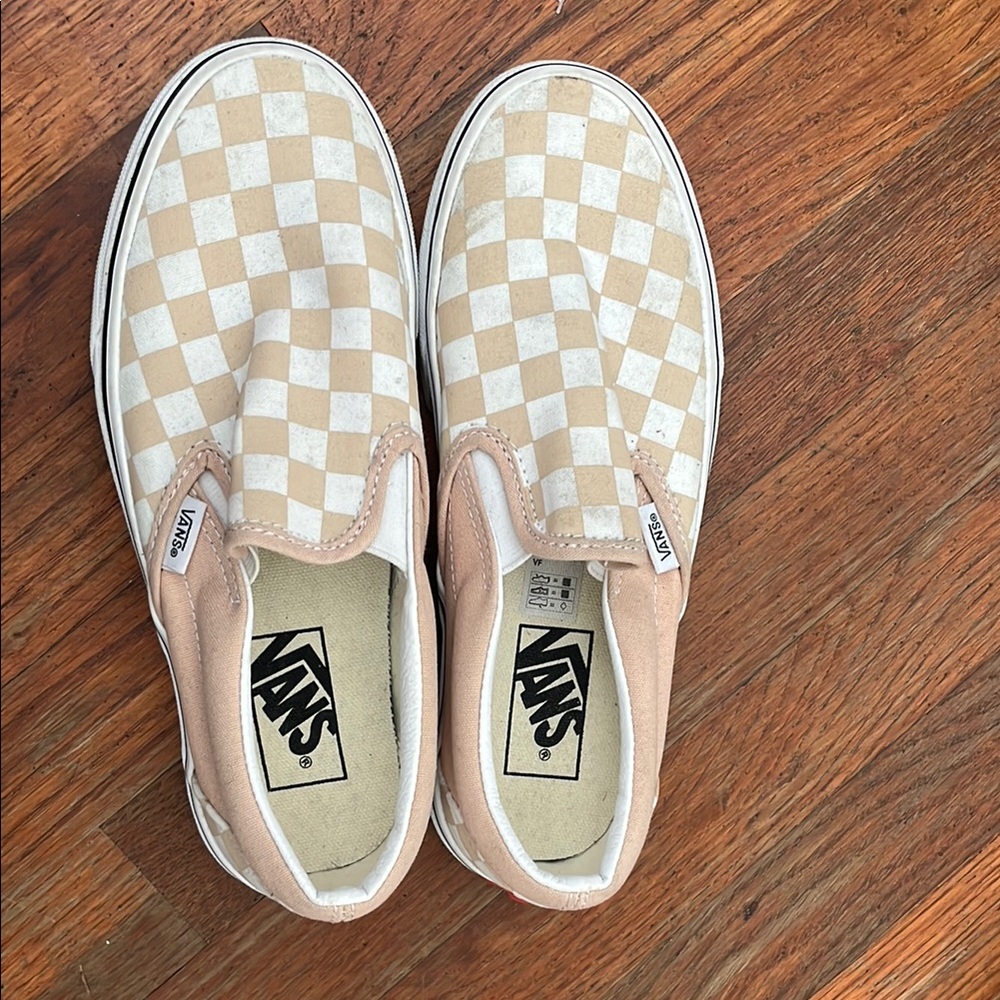 Vans Tan and White Checkerboard Slip-On Sneakers
